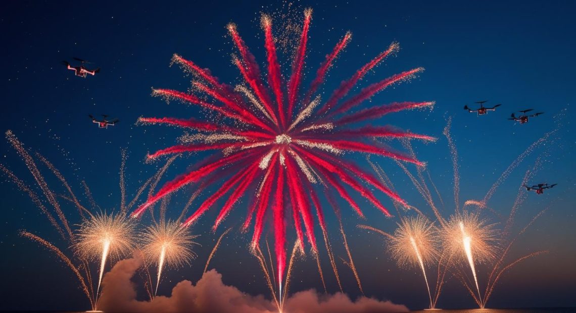 Spettacolo di pyrodroni notturno