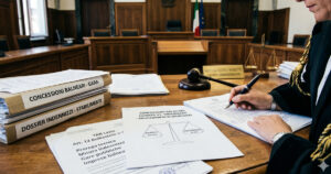Primo piano della scrivania di un giudice amministrativo con fascicoli legali riguardanti indennizzi e gare per concessioni balneari; si vede la mano del giudice in toga mentre scrive con una penna stilografica.