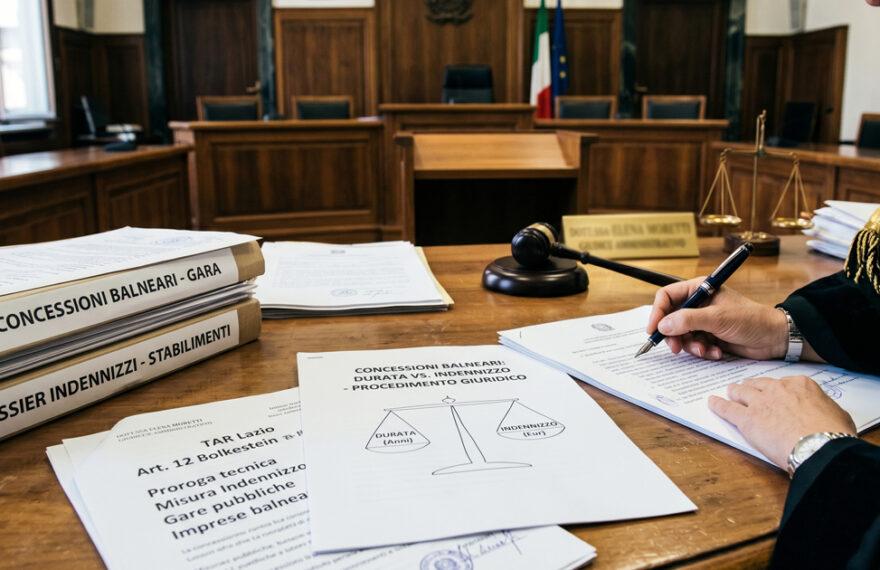 Primo piano della scrivania di un giudice amministrativo con fascicoli legali riguardanti indennizzi e gare per concessioni balneari; si vede la mano del giudice in toga mentre scrive con una penna stilografica.