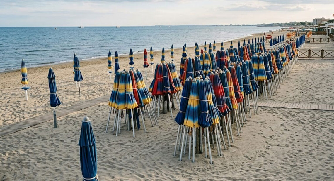 Spiaggia di Ostia deserta con ombrelloni chiusi, simbolo del ritardo della stagione balneare e della crisi dei lavoratori stagionali