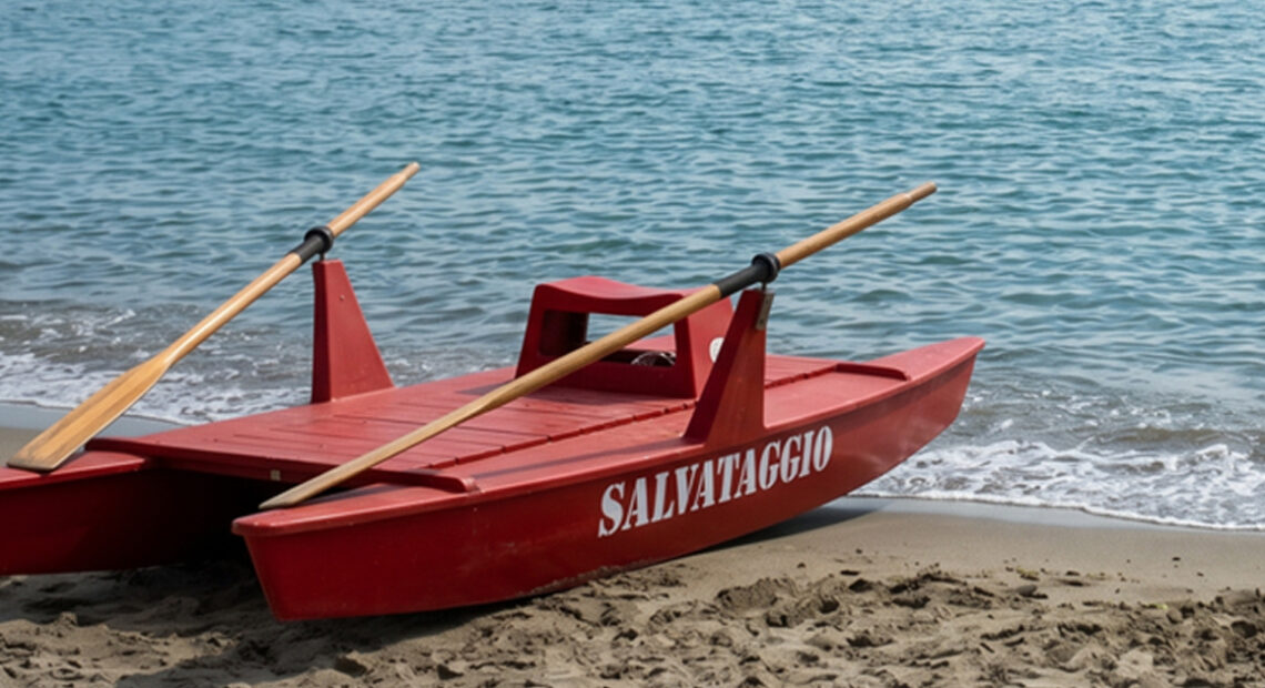 Un pattino di salvataggio rosso sulla sabbia in riva al mare aperto