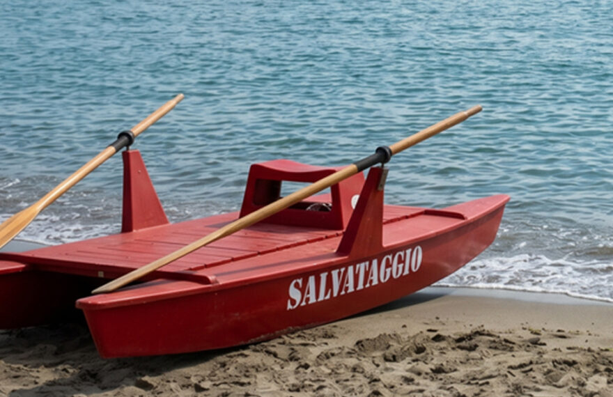 Un pattino di salvataggio rosso sulla sabbia in riva al mare aperto