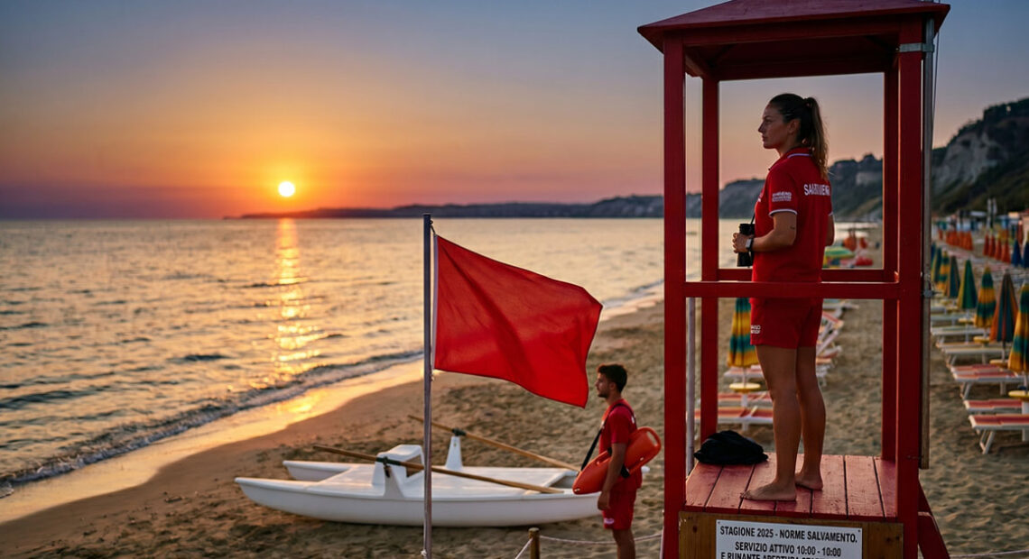 Una bagnina in uniforme rossa osserva il mare dalla torretta di salvataggio al tramonto, con una bandiera rossa esposta e un pattino di salvataggio sulla sabbia.