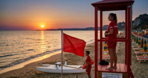 Una bagnina in uniforme rossa osserva il mare dalla torretta di salvataggio al tramonto, con una bandiera rossa esposta e un pattino di salvataggio sulla sabbia.