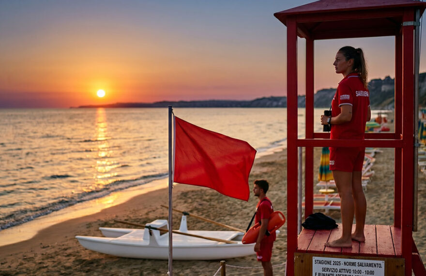 Una bagnina in uniforme rossa osserva il mare dalla torretta di salvataggio al tramonto, con una bandiera rossa esposta e un pattino di salvataggio sulla sabbia.