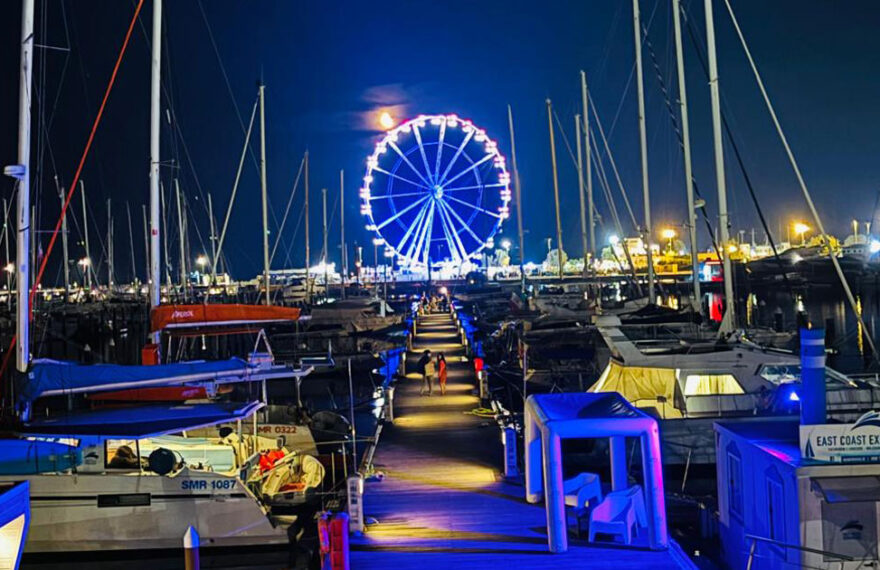 Veduta notturna del porto di Rimini con la ruota panoramica illuminata riflessa sul mare.