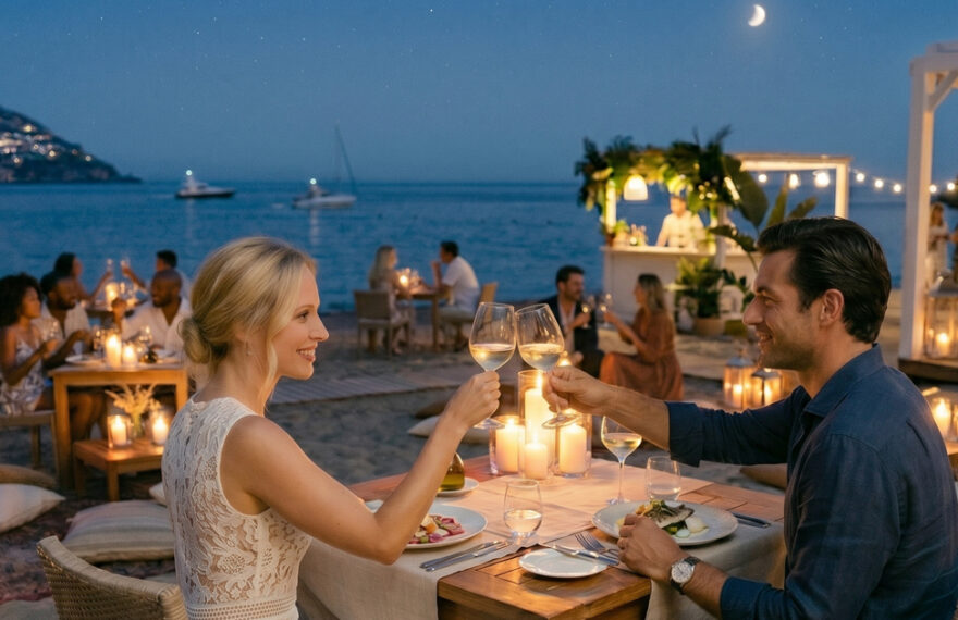 Una coppia brinda con vino bianco a un tavolo a lume di candela sulla spiaggia di un beach club gourmet di sera