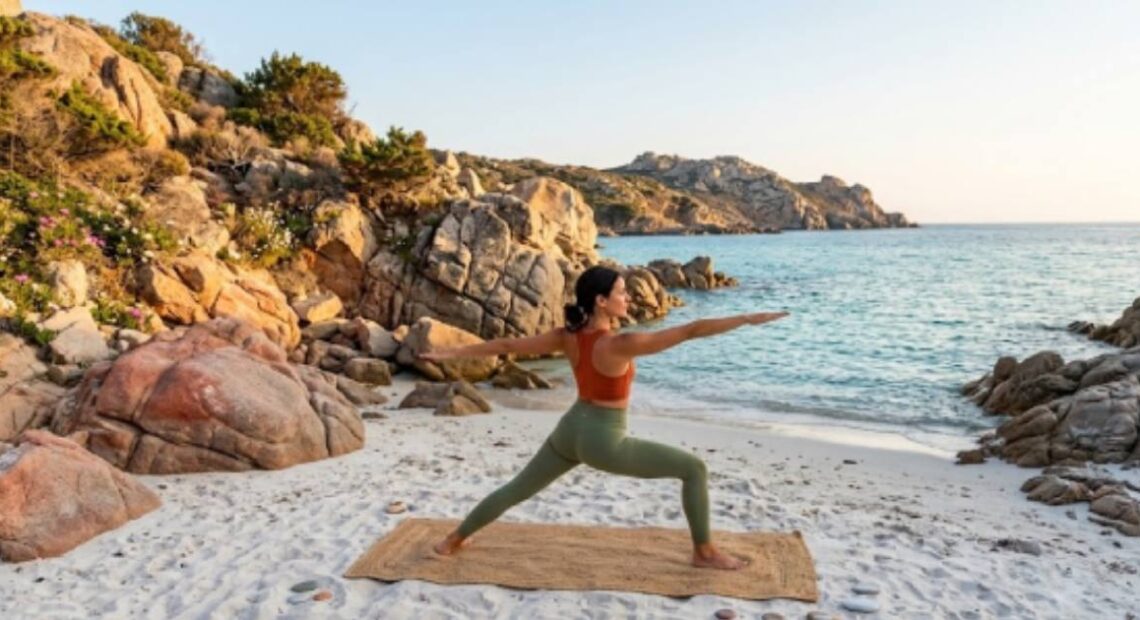 Una persona pratica yoga sulla spiaggia al mattino davanti al mare.