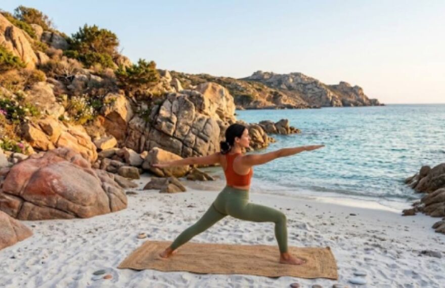 Una persona pratica yoga sulla spiaggia al mattino davanti al mare.