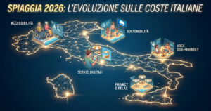 Mappa dell'Italia con i trend per la spiaggia 2026: sostenibilità, accessibilità e servizi digitali sulle coste