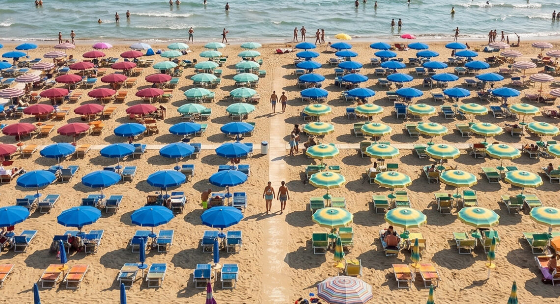 Stabilimento balneare della Riviera romagnola con file di ombrelloni e lettini rivolti verso il mare aperto