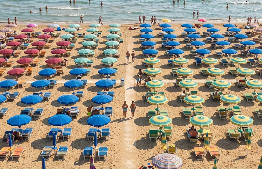 Stabilimento balneare della Riviera romagnola con file di ombrelloni e lettini rivolti verso il mare aperto