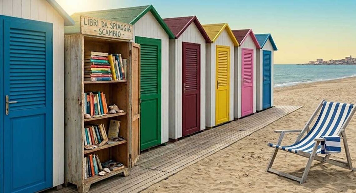 Libreria in legno per il book crossing sulla spiaggia vicino alle cabine colorate di uno stabilimento balneare