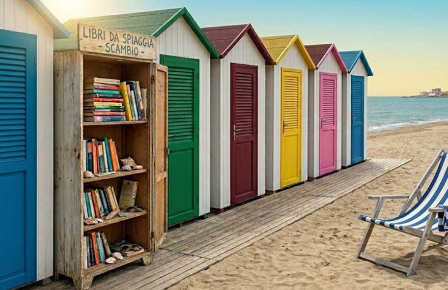 Libreria in legno per il book crossing sulla spiaggia vicino alle cabine colorate di uno stabilimento balneare