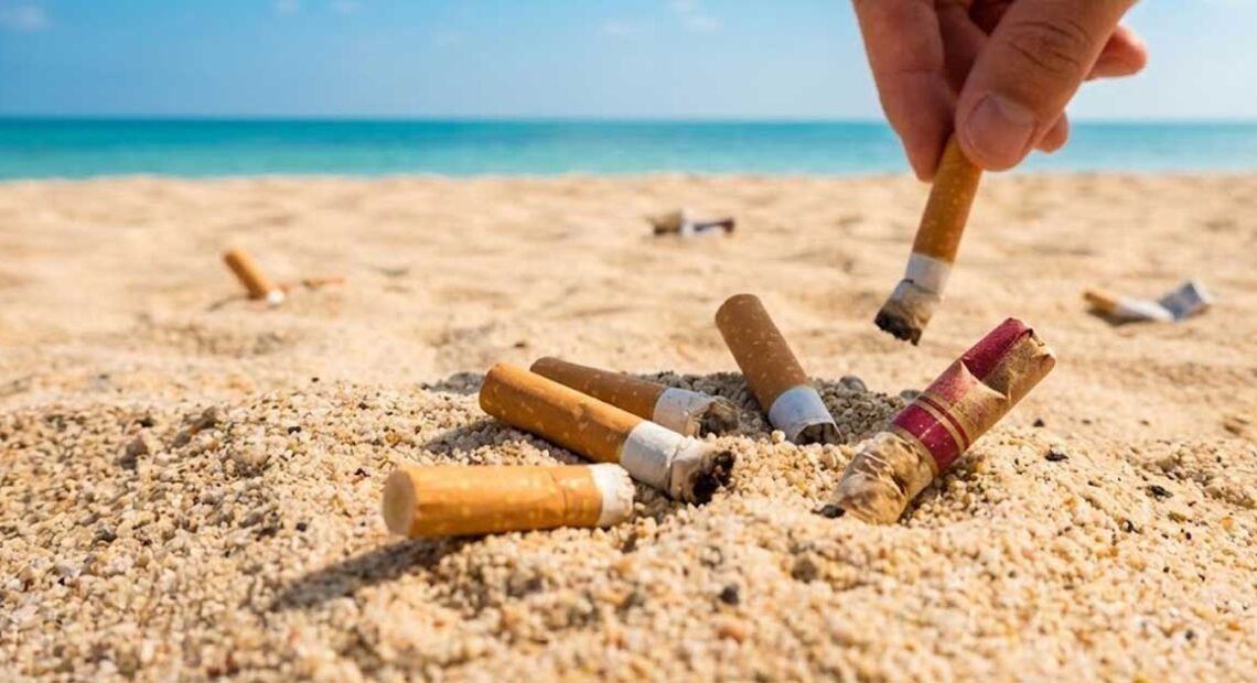 Una mano raccoglie mozziconi di sigaretta dalla sabbia su una spiaggia soleggiata