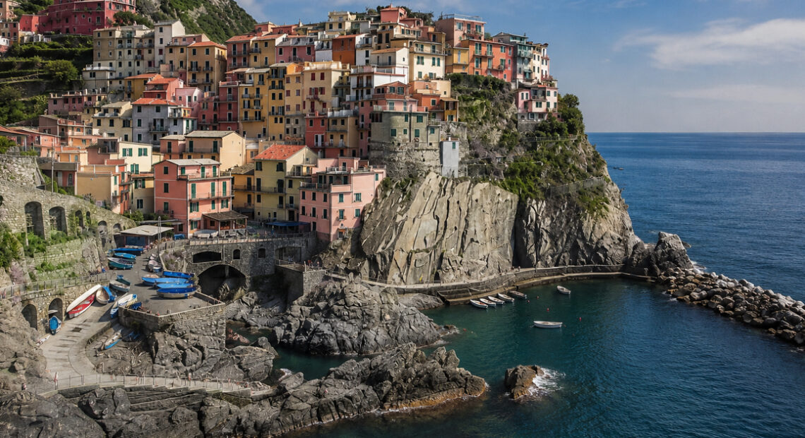 Il borgo di Manarola nelle Cinque Terre con le case sulla scogliera e il porticciolo a livello del mare