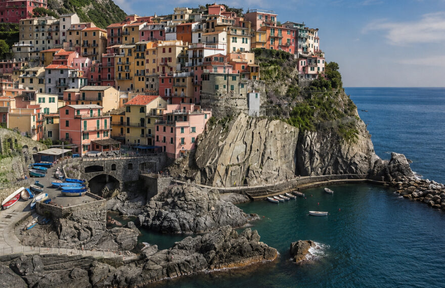 Il borgo di Manarola nelle Cinque Terre con le case sulla scogliera e il porticciolo a livello del mare