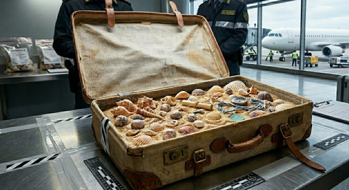 Una valigia d'epoca aperta e piena di sabbia e conchiglie sequestrate all'aeroporto, usata come installazione simbolica sul furto di arenile in Sardegna.