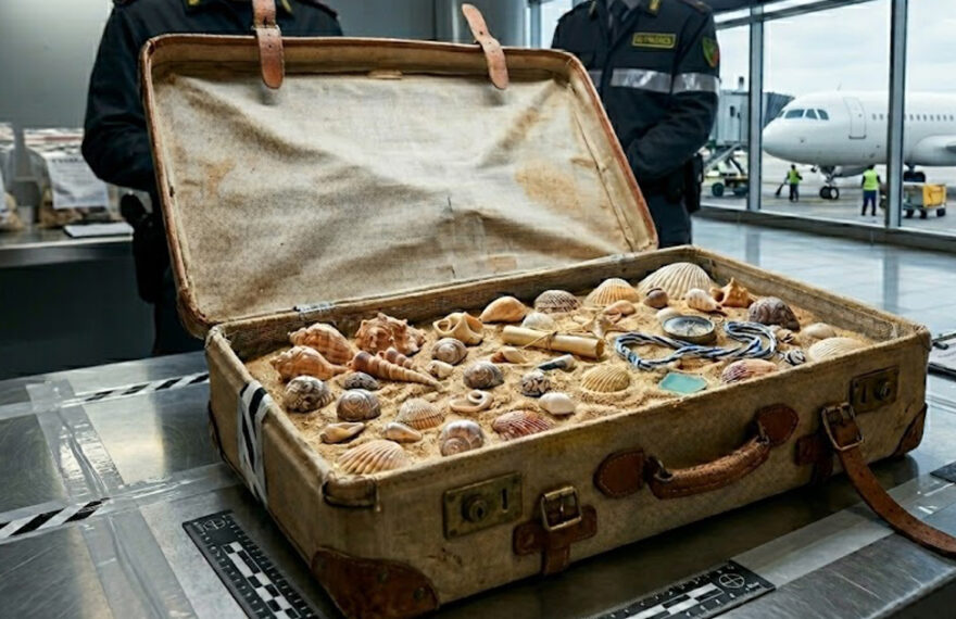 Una valigia d'epoca aperta e piena di sabbia e conchiglie sequestrate all'aeroporto, usata come installazione simbolica sul furto di arenile in Sardegna.