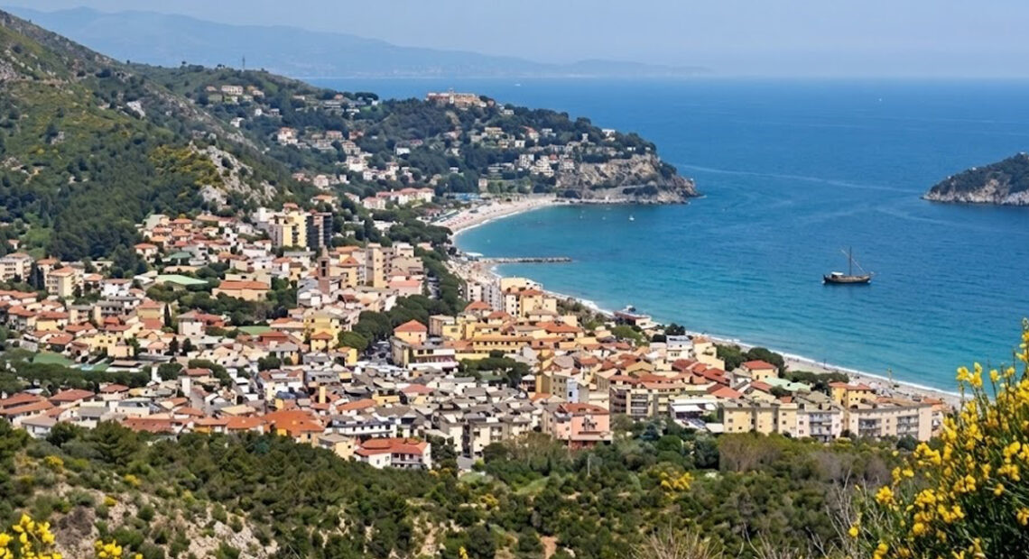 Veduta panoramica dall'alto della costa e del borgo marinaro di Spotorno, in Liguria, con le spiagge e il mare sullo sfondo.