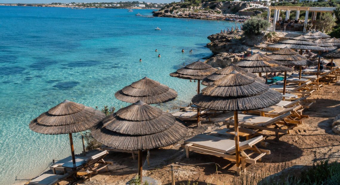 Ombrelloni in paglia e lettini esclusivi in uno stabilimento balneare nel Salento in riva al mare cristallino