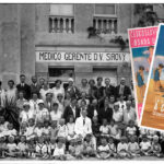 Foto d'epoca in bianco e nero degli ospiti e del personale della colonia cecoslovacca a Cesenatico con in sovrimpressione la copertina del libro di Edizioni Minerva.