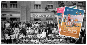 Foto d'epoca in bianco e nero degli ospiti e del personale della colonia cecoslovacca a Cesenatico con in sovrimpressione la copertina del libro di Edizioni Minerva.