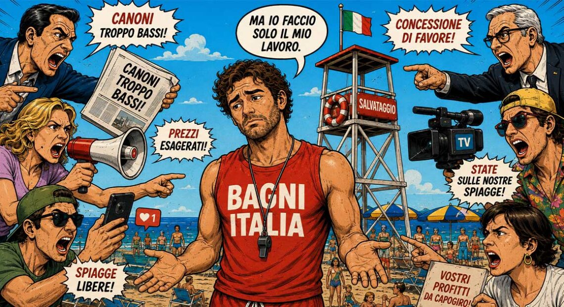 Illustrazione a fumetti di un bagnino italiano circondato da critici, giornalisti e leoni da tastiera che gli urlano contro slogan sulle spiagge.