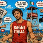 Illustrazione a fumetti di un bagnino italiano circondato da critici, giornalisti e leoni da tastiera che gli urlano contro slogan sulle spiagge.