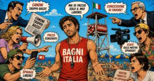 Illustrazione a fumetti di un bagnino italiano circondato da critici, giornalisti e leoni da tastiera che gli urlano contro slogan sulle spiagge.