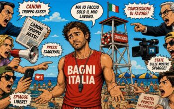 Illustrazione a fumetti di un bagnino italiano circondato da critici, giornalisti e leoni da tastiera che gli urlano contro slogan sulle spiagge.
