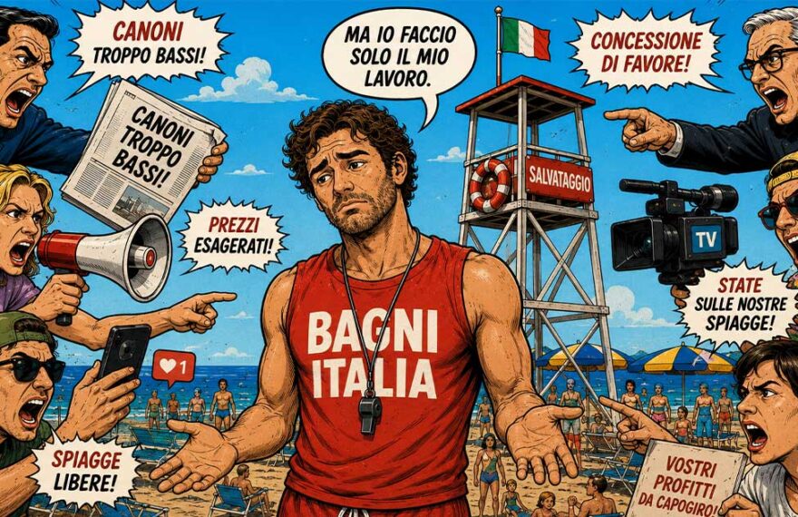 Illustrazione a fumetti di un bagnino italiano circondato da critici, giornalisti e leoni da tastiera che gli urlano contro slogan sulle spiagge.