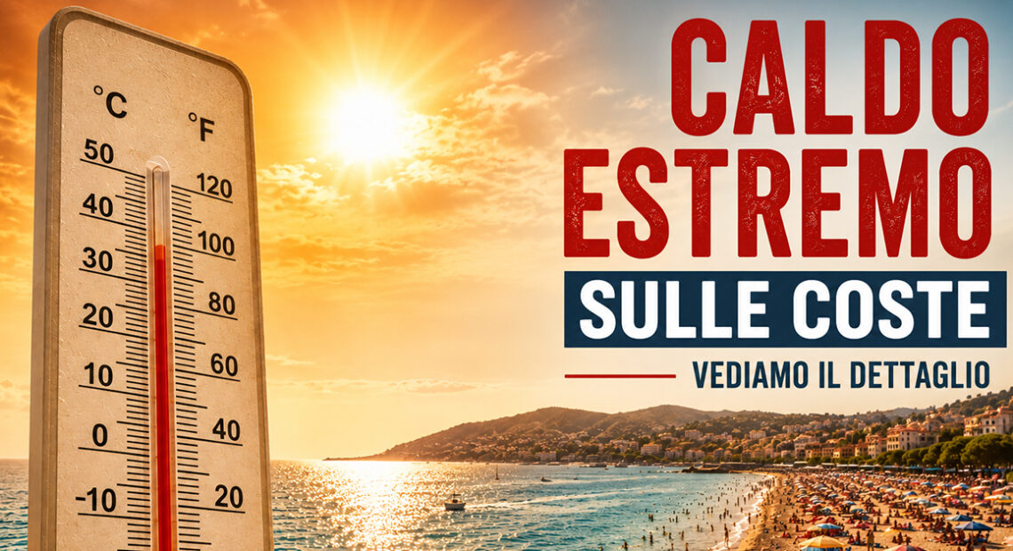 Un gigantesco termometro sulla sabbia di una spiaggia italiana affollata di bagnanti e ombrelloni, a simboleggiare il caldo estremo e le temperature dei mari a 30 gradi