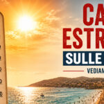 Un gigantesco termometro sulla sabbia di una spiaggia italiana affollata di bagnanti e ombrelloni, a simboleggiare il caldo estremo e le temperature dei mari a 30 gradi