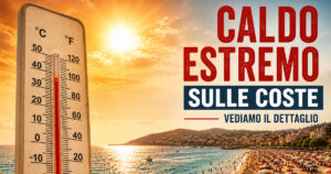 Un gigantesco termometro sulla sabbia di una spiaggia italiana affollata di bagnanti e ombrelloni, a simboleggiare il caldo estremo e le temperature dei mari a 30 gradi