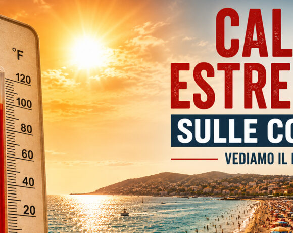 Un gigantesco termometro sulla sabbia di una spiaggia italiana affollata di bagnanti e ombrelloni, a simboleggiare il caldo estremo e le temperature dei mari a 30 gradi