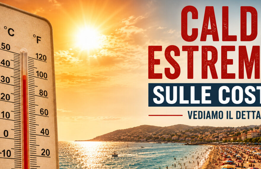 Un gigantesco termometro sulla sabbia di una spiaggia italiana affollata di bagnanti e ombrelloni, a simboleggiare il caldo estremo e le temperature dei mari a 30 gradi