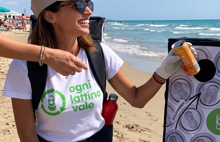 Due donne promuovono il riciclo delle lattine in alluminio su una spiaggia attrezzata