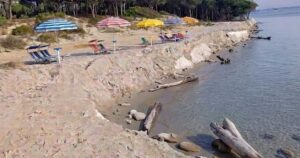 na spiaggia italiana colpita da grave erosione costiera, con un netto gradino di sabbia che separa l'area degli ombrelloni e lettini dalla riva del mare, lambita da tronchi spiaggiati sullo sfondo di una pineta.