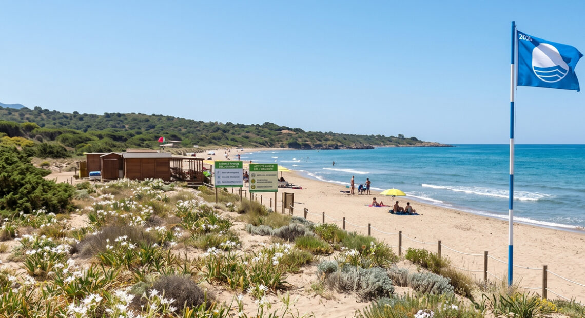Una veduta panoramica del litorale di Fondi con la Bandiera Blu 2026 e i cartelli informativi sulle dune e sulla spiaggia plastic free.