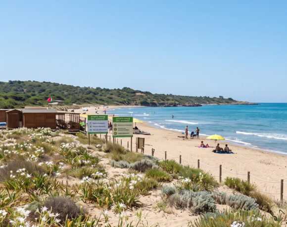 Una veduta panoramica del litorale di Fondi con la Bandiera Blu 2026 e i cartelli informativi sulle dune e sulla spiaggia plastic free.