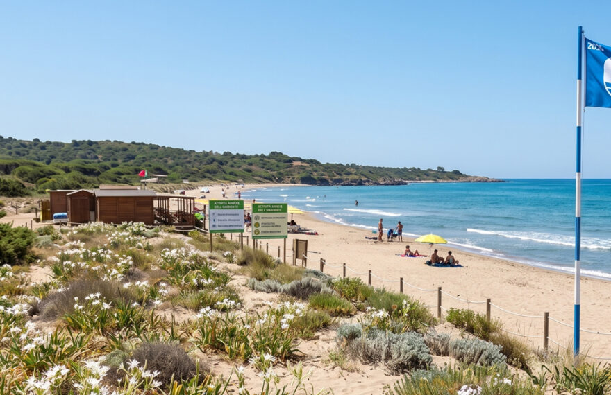 Una veduta panoramica del litorale di Fondi con la Bandiera Blu 2026 e i cartelli informativi sulle dune e sulla spiaggia plastic free.