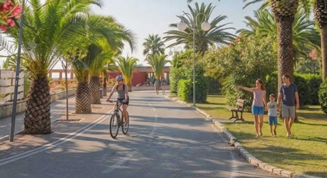 Vista del lungomare di Tortoreto Lido con pista ciclabile, palme, una ciclista e una famiglia a passeggio.