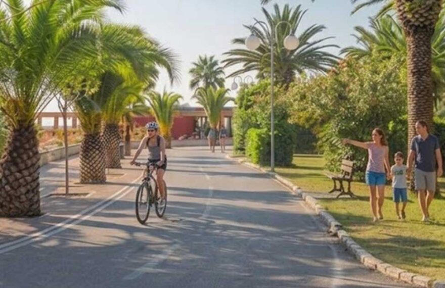 Vista del lungomare di Tortoreto Lido con pista ciclabile, palme, una ciclista e una famiglia a passeggio.