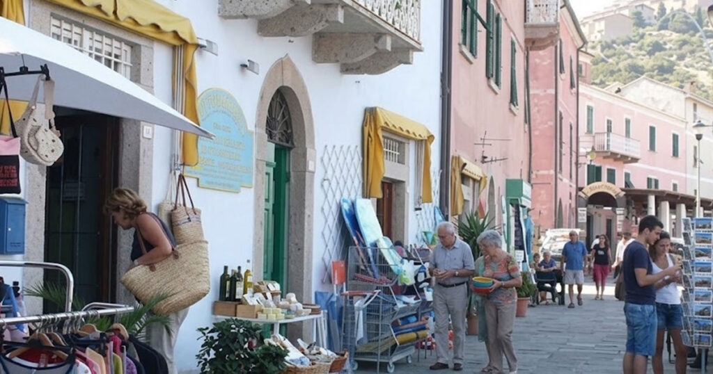 Turisti e residenti passeggiano tra i negozi di souvenir e le botteghe nei vicoli di Giglio Porto