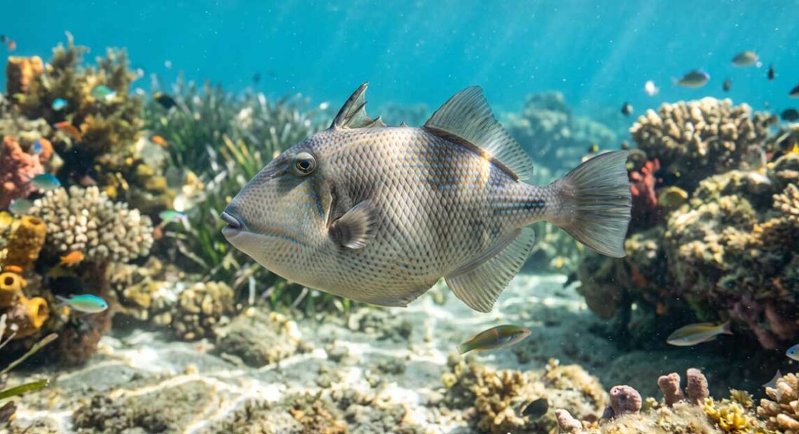 Un pesce balestra grigio (Balistes capriscus) nuota di profilo sopra la sabbia nel mare Mediterraneo