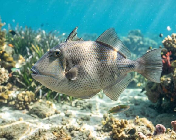 Un pesce balestra grigio (Balistes capriscus) nuota di profilo sopra la sabbia nel mare Mediterraneo