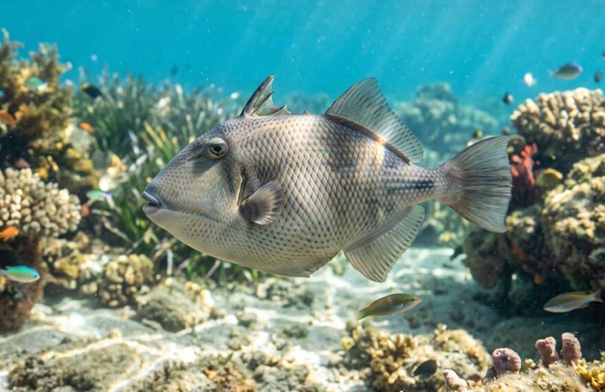 Un pesce balestra grigio (Balistes capriscus) nuota di profilo sopra la sabbia nel mare Mediterraneo