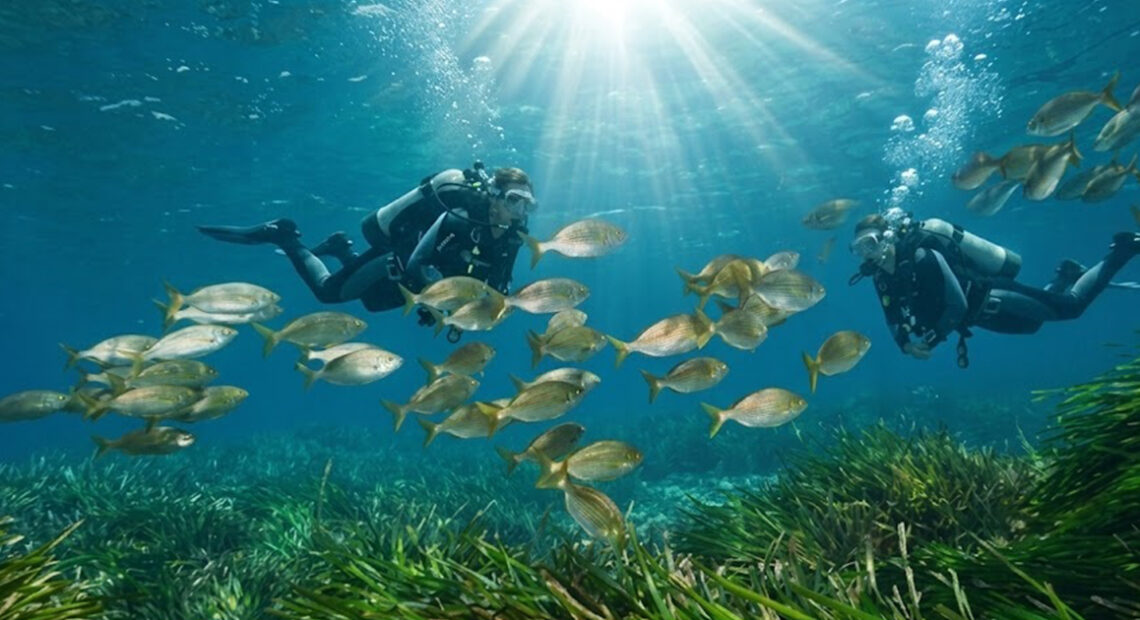Due subacquei osservano banchi di pesci che nuotano sopra una prateria di Posidonia oceanica in un mare italiano cristallino.