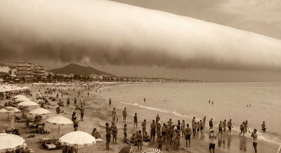 Spettacolare nuvola a rullo (Roll Cloud) cilindrica sulla spiaggia di Hendaye in Francia, con bagnanti che guardano il cielo.